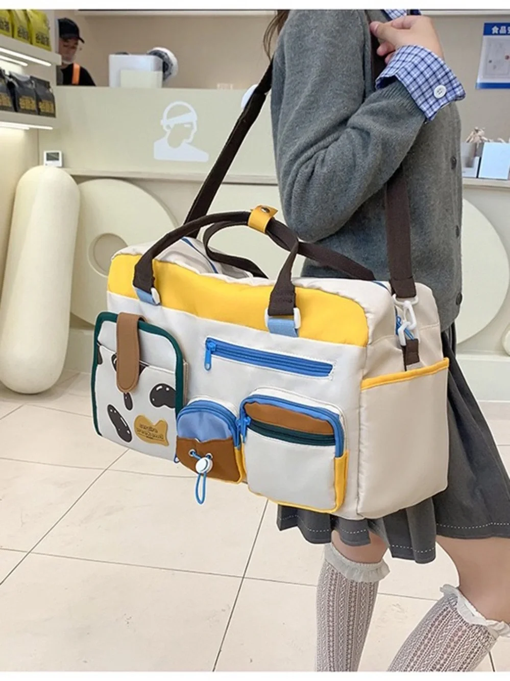 Canvas Multi-Pocket Travel Duffle Bag - Yellow Accent